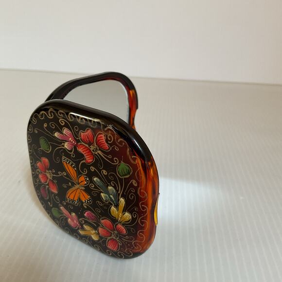 Hand-Painted Mexican Compact Mirror Monarch Butterfly Michoacán Gold Foil Art - Picture 6 of 8